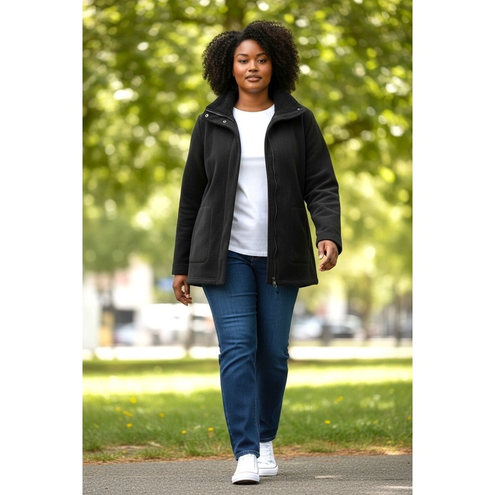 (D-98) Denim & Co Fleece Jacket Black Women's Size L Zip Up Coat QVC New w/ Tags